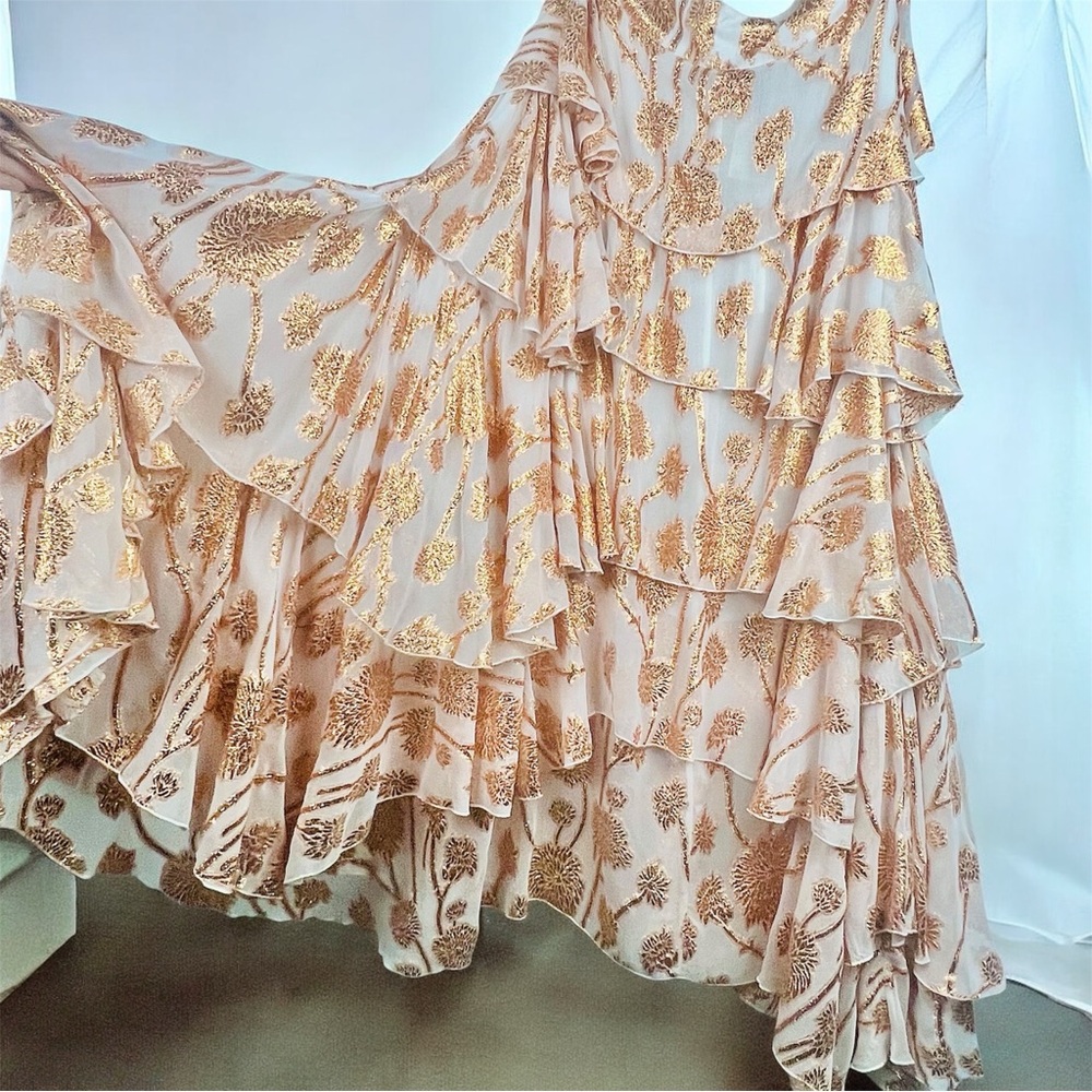 Alexandra Miro Cordelia Tiered Ruffle Maxi Skirt Gold Metallic Floral Large L - Picture 10 of 14